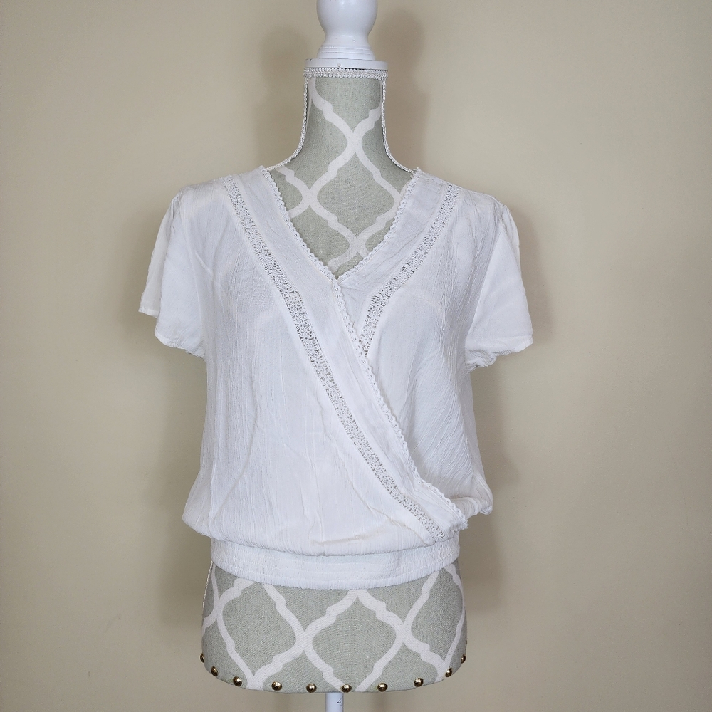 Japna White Gauzy Faux Wrap Blouse Top Boho Cottagecore Minimalist Size Large